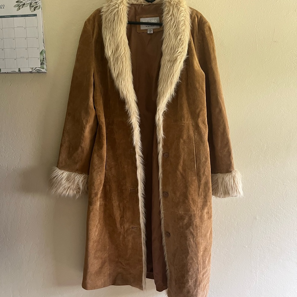 WILSONS LEATHER 100% leather tan fur lined long coat woman’s size xl